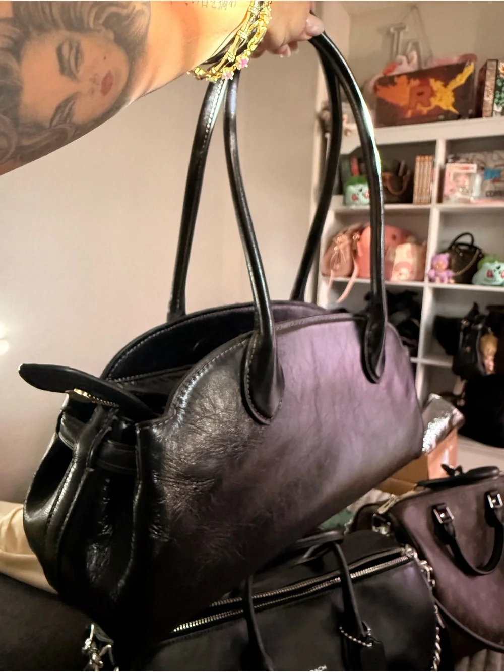 Coach Empire 34 Black Leather Double-Handle Satchel with Gold Log